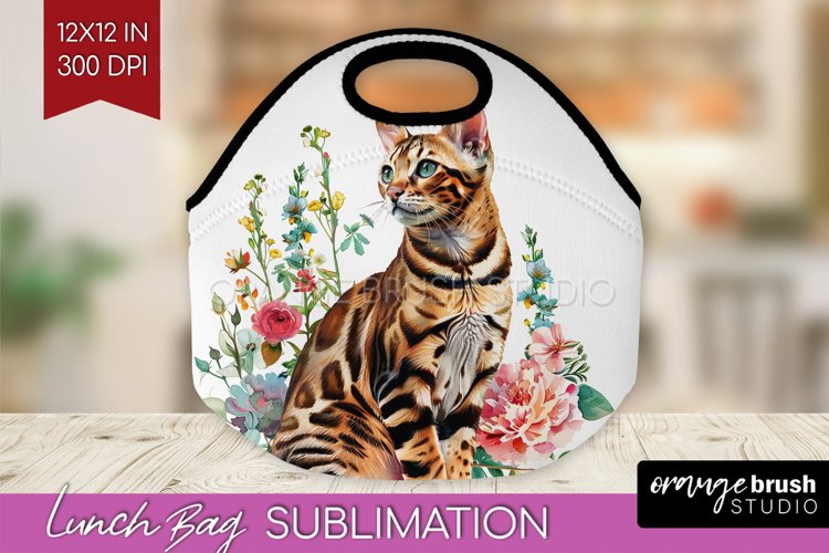 Floral Cat Lunch Bag - Flowers Lunch Bug PNG Sublimation example image 1