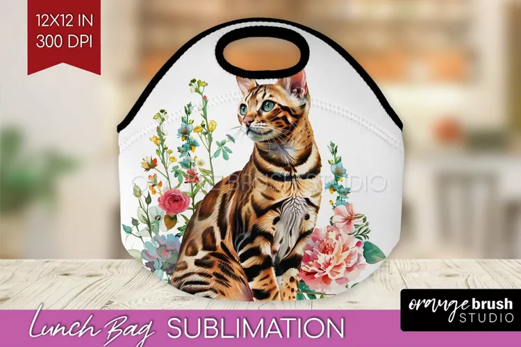 Floral Cat Lunch Bag - Flowers Lunch Bug PNG Sublimation