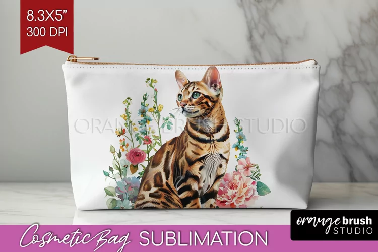 Floral Cat Cosmetic Bag - Flowers Makeup Bag PNG Sublimation