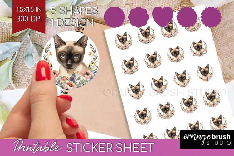 Floral Cat Round Sticker - Flowers Printable Sticker Sheet