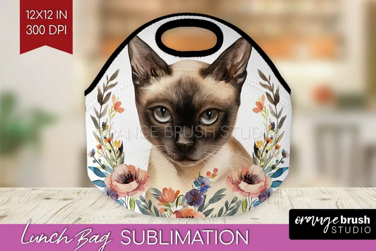 Floral Cat Lunch Bag - Flowers Lunch Bug PNG Sublimation