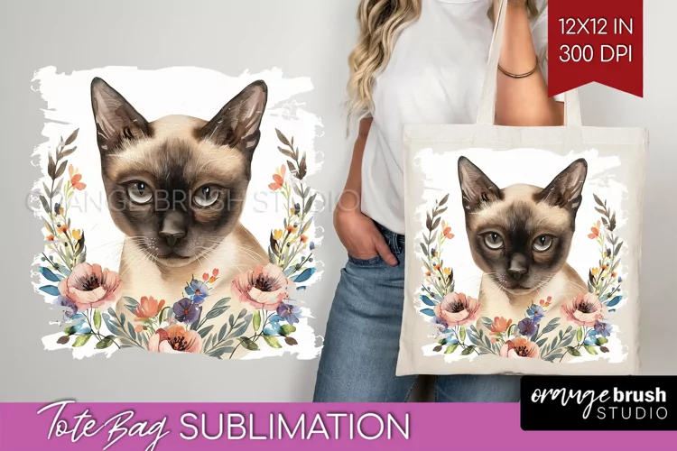 Floral Cat Tote Bag - Flowers Tote Bag PNG Sublimation