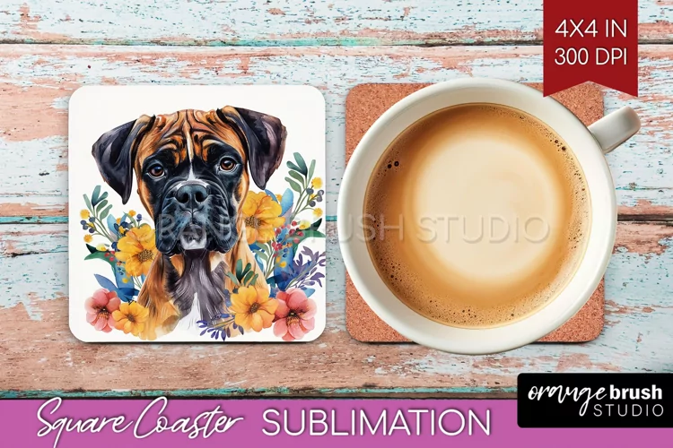 Floral Dog Square Coaster - Flowers Coaster PNG Sublimation