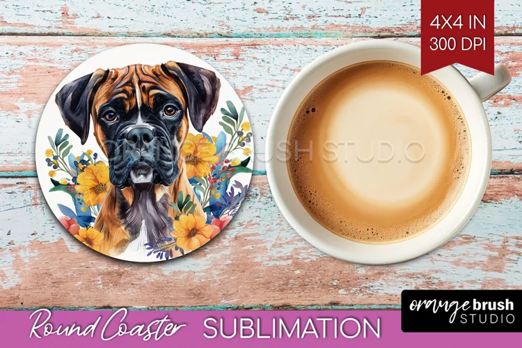 Floral Dog Round Coaster - Flowers Coaster PNG Sublimation