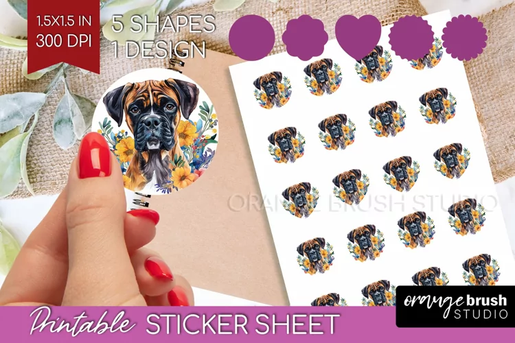 Floral Dog Round Sticker - Flowers Printable Sticker Sheet