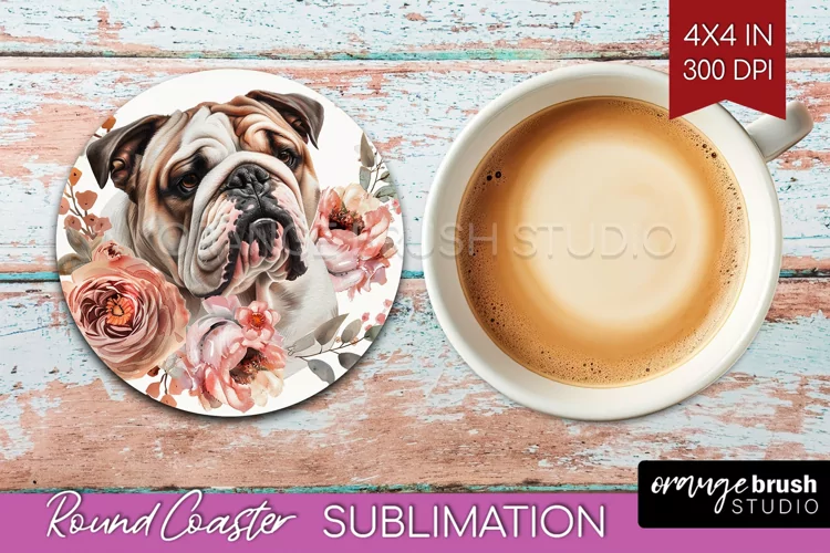 Floral Dog Round Coaster - Flowers Coaster PNG Sublimation