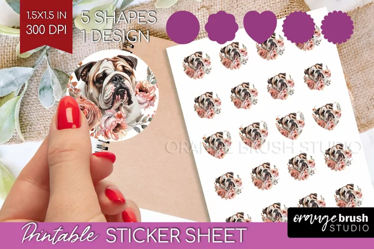 Floral Dog Round Sticker - Flowers Printable Sticker Sheet