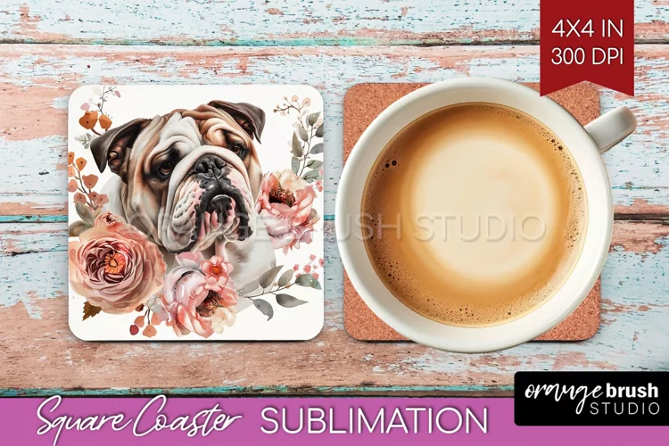 Floral Dog Square Coaster - Flowers Coaster PNG Sublimation