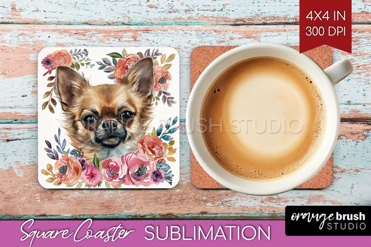 Floral Dog Square Coaster - Flowers Coaster PNG Sublimation