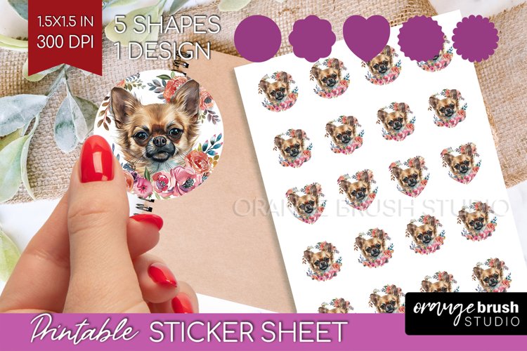Floral Dog Round Sticker - Flowers Printable Sticker Sheet example image 1