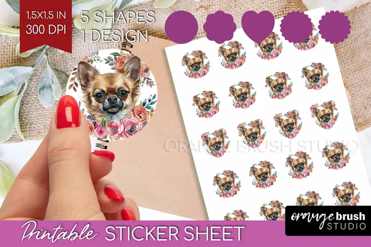 Floral Dog Round Sticker - Flowers Printable Sticker Sheet