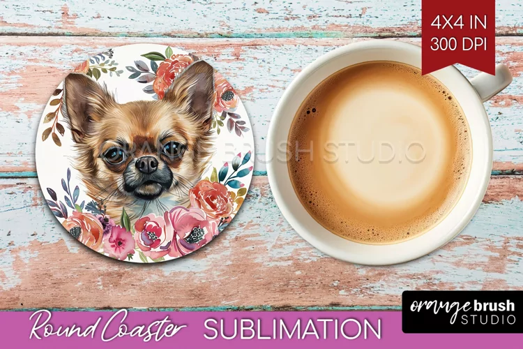 Floral Dog Round Coaster - Flowers Coaster PNG Sublimation