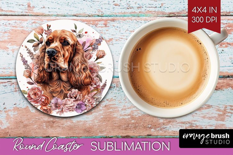 Floral Dog Round Coaster - Flowers Coaster PNG Sublimation example image 1