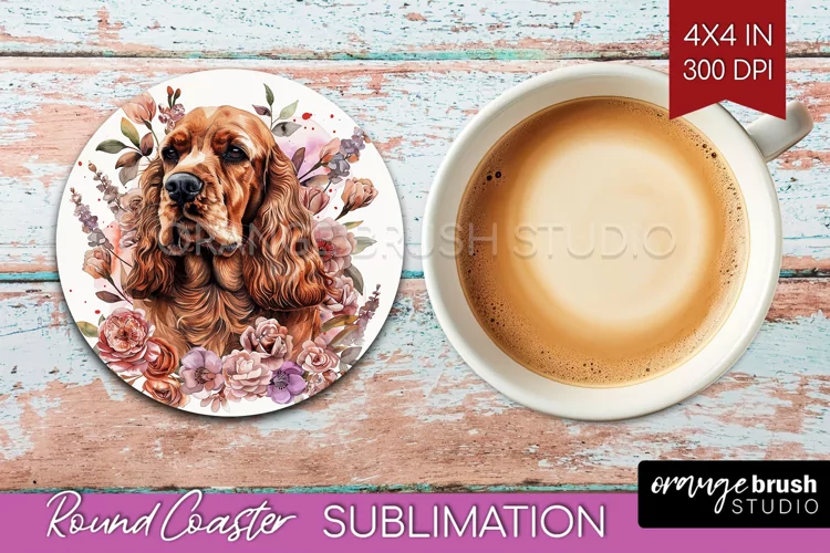 Floral Dog Round Coaster - Flowers Coaster PNG Sublimation
