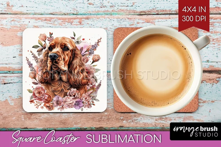 Floral Dog Square Coaster - Flowers Coaster PNG Sublimation