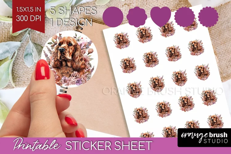 Floral Dog Round Sticker - Flowers Printable Sticker Sheet