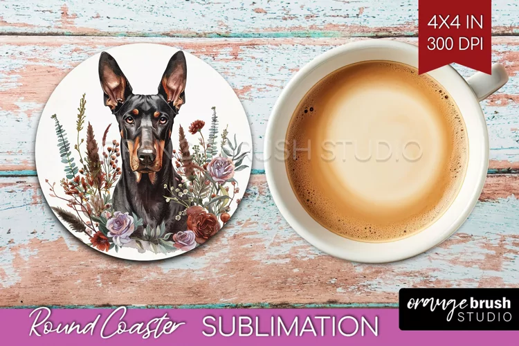 Floral Dog Round Coaster - Flowers Coaster PNG Sublimation