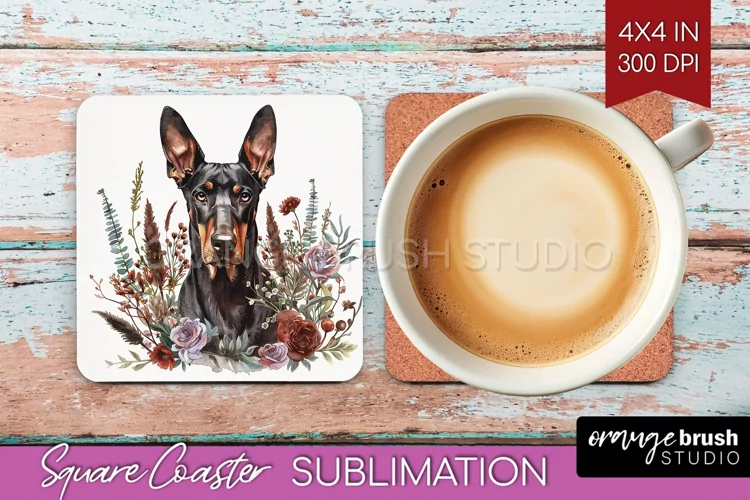 Floral Dog Square Coaster - Flowers Coaster PNG Sublimation