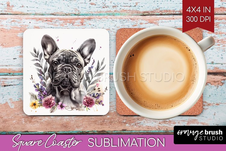 Floral Dog Square Coaster - Flowers Coaster PNG Sublimation example image 1