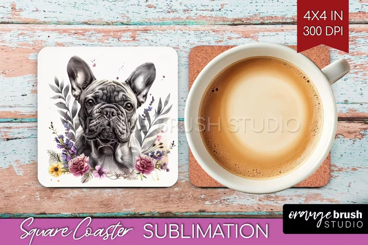 Floral Dog Square Coaster - Flowers Coaster PNG Sublimation
