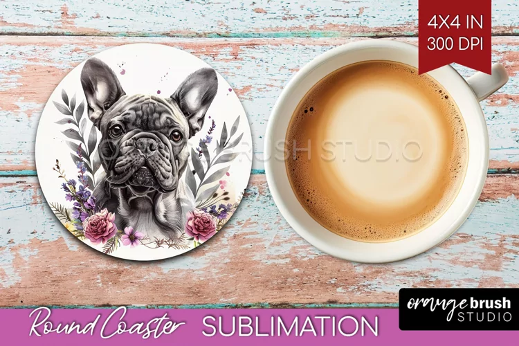 Floral Dog Round Coaster - Flowers Coaster PNG Sublimation