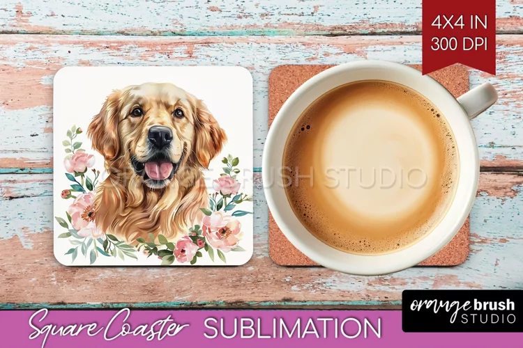 Floral Dog Square Coaster - Flowers Coaster PNG Sublimation