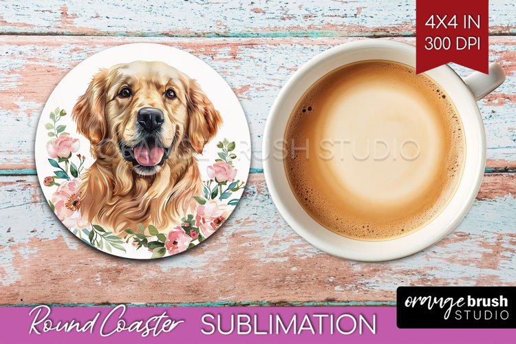 Floral Dog Round Coaster - Flowers Coaster PNG Sublimation example image 1