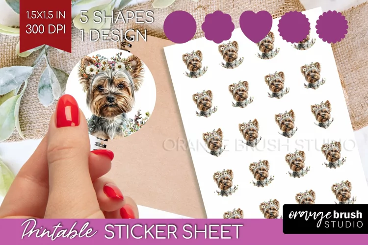 Floral Dog Round Sticker - Flowers Printable Sticker Sheet