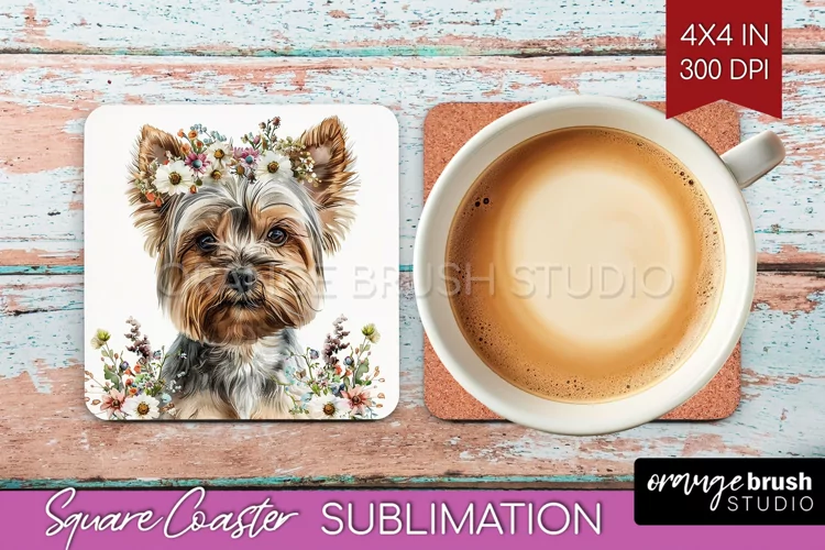 Floral Dog Square Coaster - Flowers Coaster PNG Sublimation