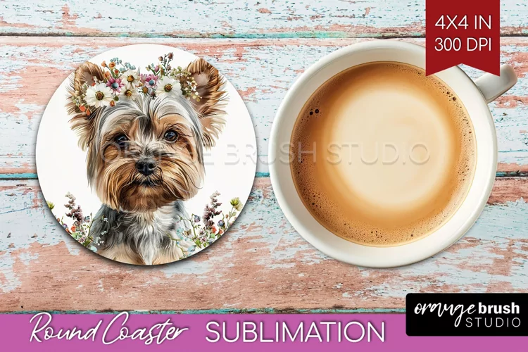 Floral Dog Round Coaster - Flowers Coaster PNG Sublimation