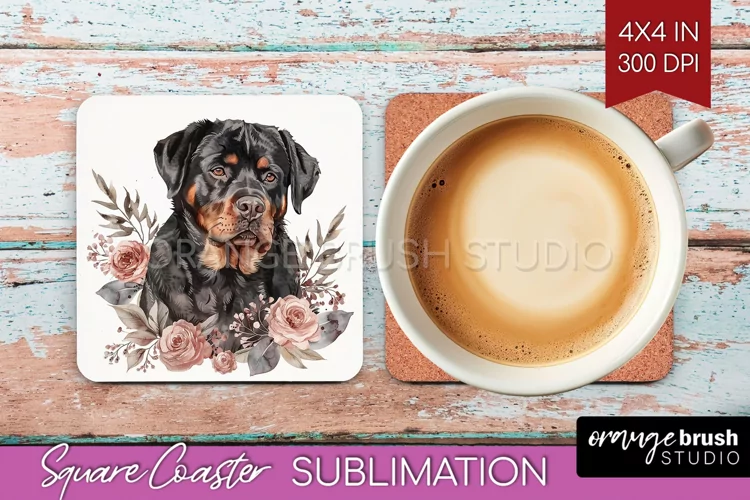 Floral Dog Square Coaster - Flowers Coaster PNG Sublimation