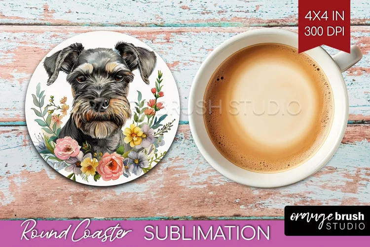Floral Dog Round Coaster - Flowers Coaster PNG Sublimation