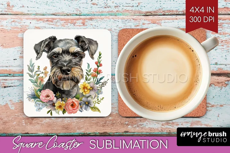 Floral Dog Square Coaster - Flowers Coaster PNG Sublimation