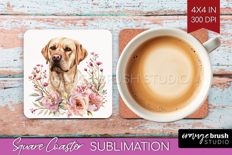 Floral Dog Square Coaster - Flowers Coaster PNG Sublimation example image 1