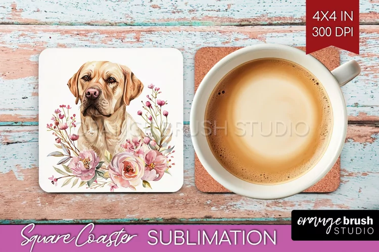 Floral Dog Square Coaster - Flowers Coaster PNG Sublimation