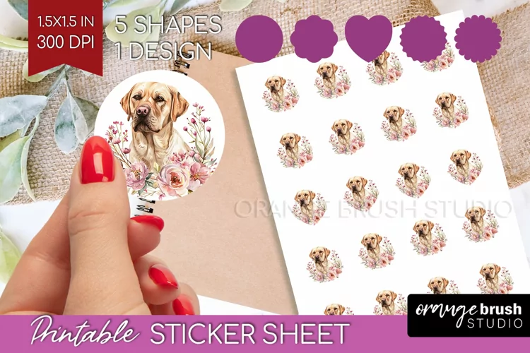 Floral Dog Round Sticker - Flowers Printable Sticker Sheet