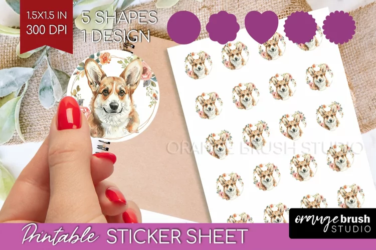 Floral Dog Round Sticker - Flowers Printable Sticker Sheet
