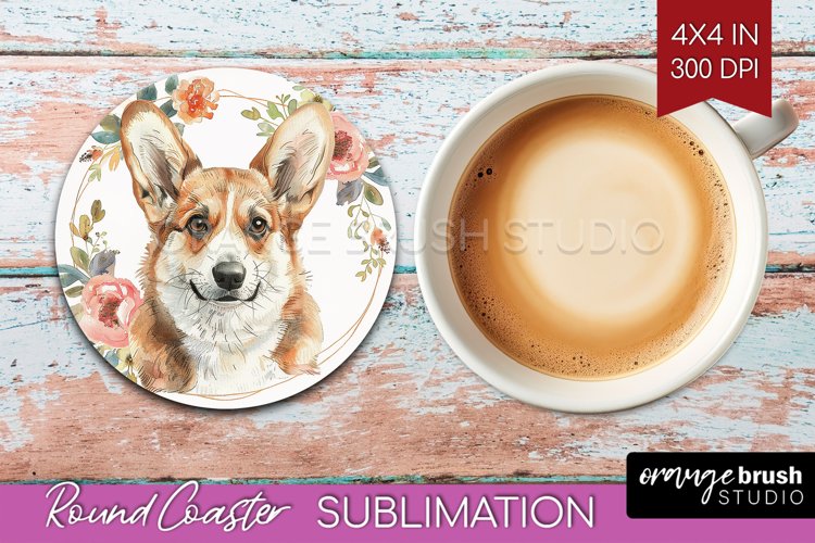 Floral Dog Round Coaster - Flowers Coaster PNG Sublimation example image 1
