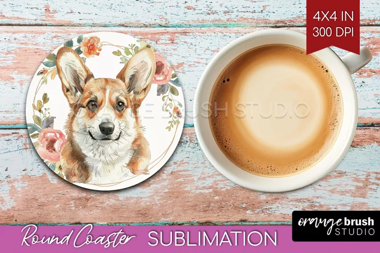 Floral Dog Round Coaster - Flowers Coaster PNG Sublimation