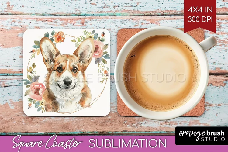 Floral Dog Square Coaster - Flowers Coaster PNG Sublimation