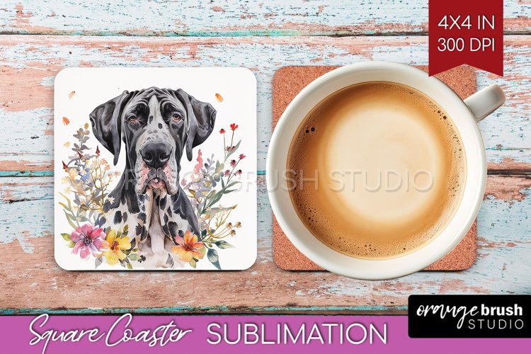 Floral Dog Square Coaster - Flowers Coaster PNG Sublimation example image 1