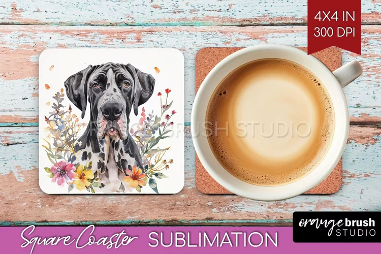 Floral Dog Square Coaster - Flowers Coaster PNG Sublimation