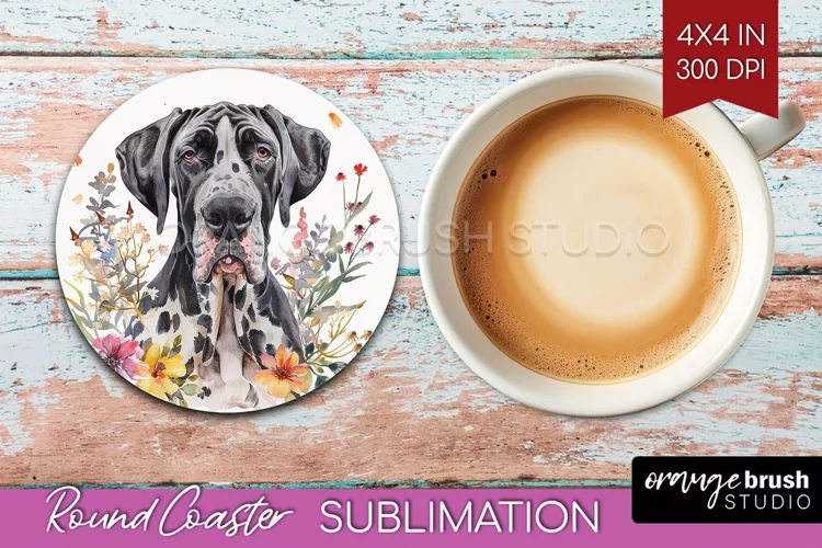 Floral Dog Round Coaster - Flowers Coaster PNG Sublimation
