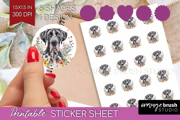 Floral Dog Round Sticker - Flowers Printable Sticker Sheet