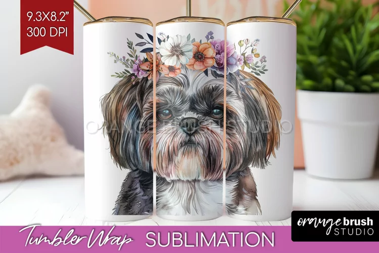 Floral Dog Tumbler Wrap - Flowers Tumbler PNG Sublimation