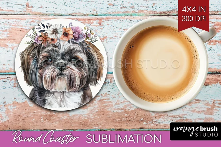 Floral Dog Round Coaster - Flowers Coaster PNG Sublimation