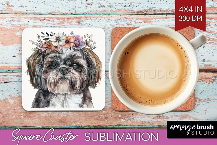 Floral Dog Square Coaster - Flowers Coaster PNG Sublimation