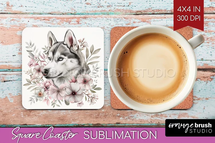 Floral Dog Square Coaster - Flowers Coaster PNG Sublimation