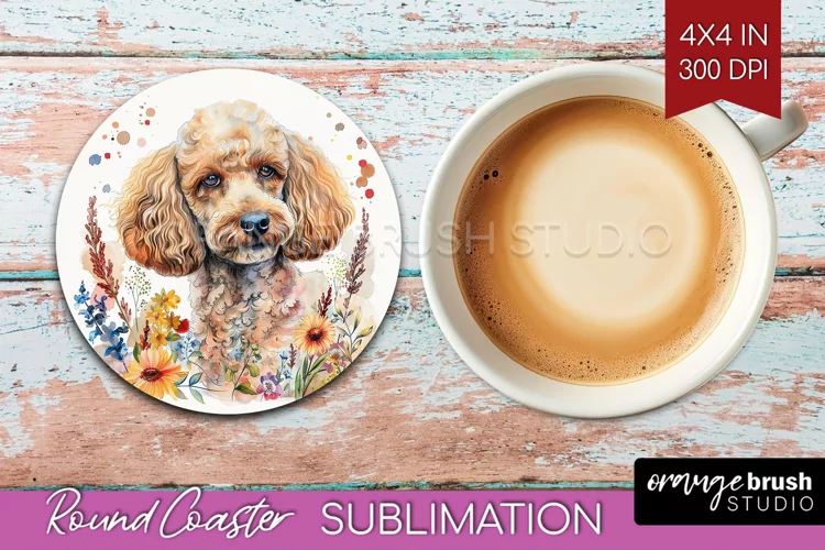 Floral Dog Round Coaster - Flowers Coaster PNG Sublimation