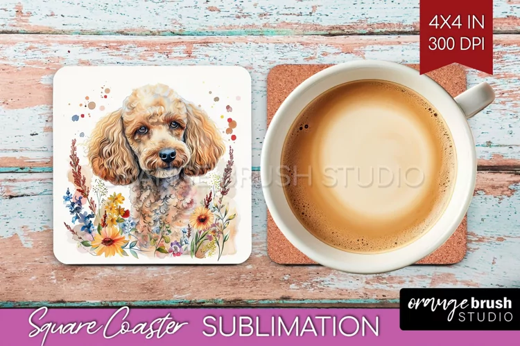 Floral Dog Square Coaster - Flowers Coaster PNG Sublimation